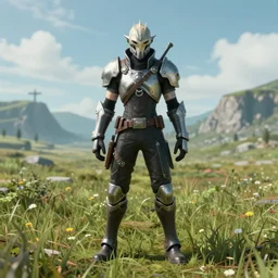 full body character portrait of a warframe in the style of final fantasy xiv!!!, wide angle shot, warframe, final fantasy, final fantasy 1 4, final fantasy xiv, realistic shading, realistic lighting, very well detailed, standing in a grassy field