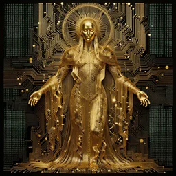 computer deity by jeffrey smith and wlop and gustave dore, polished gold wires, circuitry, code, binary, cryptonomicon, dmt entity, vray, 3 d concept render, scientifically accurate, artstation, intricate, beautiful, look at that detail!