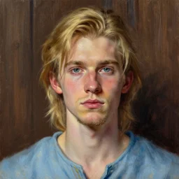 digital pastel portrait of a skinny white male, slightly longer blond hair and a light stubble beard, wearing a light blue shirt, blue eyes, rugged, teenage, fantasy, wizard, trending artstation, dungeons & dragons, neutral expression, wooden background, award winning dark lighting, realistic, close up, oil painting