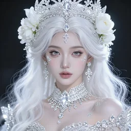 portrait of wonderful princess of white diamonds with fair skin, white hair, white flowers, ornate with white diamonds, 8 k, gorgeous, intricate, detailed, glowing white accent lighting, dramatic lighting, octane render