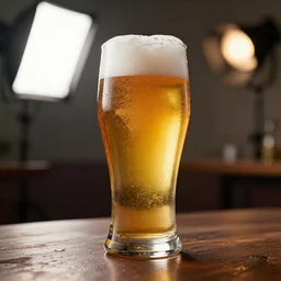 a closeup view of a beer glass filled with beer on the table, unreal 5, hyperrealistic, realistic, photorealistic, dynamic lighting, highly detailed, cinematic landscape, studio landscape, studio lighting