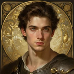 a clean shaven determined young man with swept back dark brown hair and green eyes, preparing for battle, fantasy, intricate, elegant, highly detailed, digital painting, artstation, concept art, smooth, sharp focus, illustration, art by artgerm and greg rutkowski and alphonse mucha