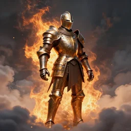 bronze knight, surrounded by clouds, trending on artstation, searing flames, in style frazetta, 1 0 0 mm lens, cinematic, unreal engine