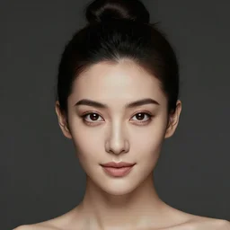 photo portrait of a beautiful woman, head centered portrait, hair styled in a bun, view, enigmatic natural beauty, little smile, head in focus, elegant, seducing, highly detailed, artistic, concept art, painterly, shot with hasselblad, photography, sharp focus, volumetric lights, art style by annie leibovitz and man ray