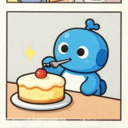 scanned image of newspaper cartoon strip, in colour, half tone, blue cute robot bakes a cake but cannot eat it