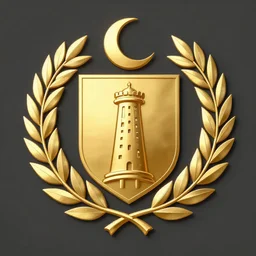golden coat - of - arms. laurel branches, tower, crescent moon. trending on artstation