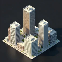 high tech building cluster with exposed sections designed by paul rudolph and frank lloyd wright and bauhaus, trending on artstation, rectilinear, isometric, isometric view, digital art, game art, 8 k, photorealistic, dramatic lighting, colour scheme by moebius and nicolas party