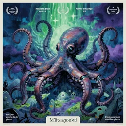robotic cyberpunk octopus by miyazaki, blue green purple color palette, symmetrical poster illustration, kenneth blom, mental alchemy, james jean, pablo amaringo, naudline pierre, contemporary art, hyper detailed