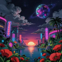 nature by zack snyder, vice city neon signs apocalyptic partly cloudy night poppy tron studio ghibli rainforest cosmic universe gem at night landscape jupiter sunlight matte painting water sunset anime neon noir san andreas synthwave uv light fantasy junglepunk futuristic atlantis, archdaily, wallpaper, highly detailed, trending on artstation.