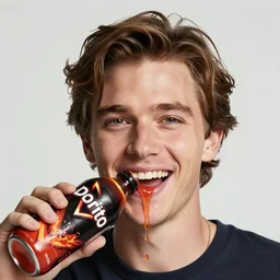 young willem dafoe drinking dorito juice happily, wet mouth, dripping dorito juice, 2 0 1 5 viral advertisement, english text, food commercial 4 k