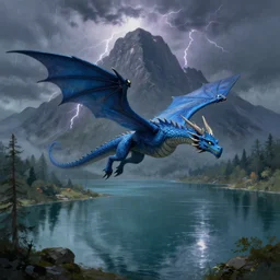 blue dragon flying over big lake, big mountain in background, lightning, bad weather, digital painting, fantasy, d & d, artstation, illustration, art by artgerm and irakli nadar and greg rutkowski and alphonse mucha