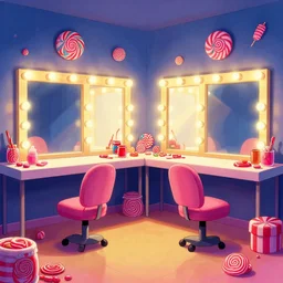a dimly lit, colorful, theater dressing room, made of candy, day of the tentacle style, drawn by Peter Chan