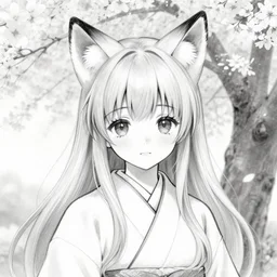 an sketch art of a cute girl with fox ears wearing kimono at a sakura tree by hiromu arakawa, 8 k resolution, black and white, oc commission, face sketch, pencil sketch, high quality, highly detailed, long hair, illustration, pinterest