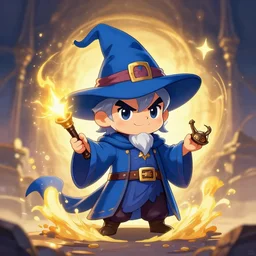 chibi wizard in blue, fantasy, golden hour, magical, don bluth splash art, wlop, highly detailed, trending on artstation, 4 k, wallpaper - 1 0 2 4