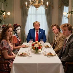 a table dinner of donald trumps where he is dressed like the characters from the midsommar movie, human has robot face, realistic detailed digital art by maxwell boas jessica rossier christian dimitrov anton fadeev trending on artstation cgsociety rendered in unreal engine 4 k hq