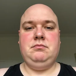 low quality selfie of a bald fat middle aged british man with rosy skin, double chin