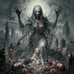 artgerm bilibin harris rocha shinkawa gurney artstation rutowski dzo godmachine victo ngai shintaro kago pennington sibylla merian style shapeshifting horror monster, horrifying reality, grim truth, blooms lies, inception style siconolfini cityscape of death, deity heavenly