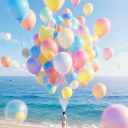 plenty of floating birthday balloons. beautiful sea. digital art, highly - detailed, artstation cgsociety masterpiece