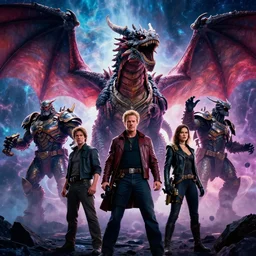 movie still frame, giant armored titans riding dragons through a psychedelic nebula, by zack snyder and michael bay