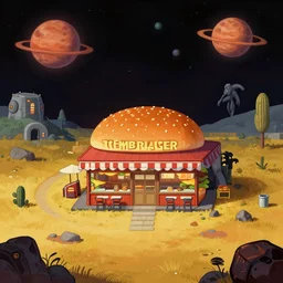 in front of a burger restaurant, in a remote outpost, on an alien planet, from a space themed point and click 2 d graphic adventure game, set design inspired slightly by hg giger and tomb raider, art inspired by bob ross