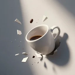 3D art, a coffee cup shattering against a wall