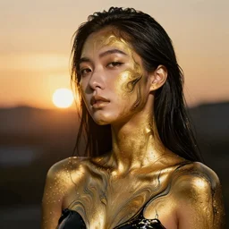 asian girl, liquid golden and black fluid, magic hour, dramatic light, liquid voronoi pattern, golden bodypaint, world best photography