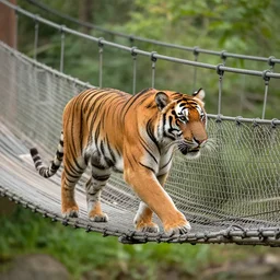 a tiger running on a suspended bridge