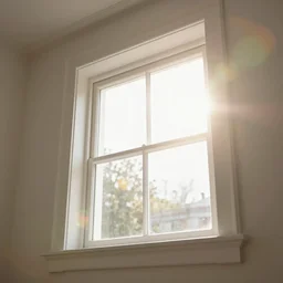 photo of interior design house, detail of a white window in a bedroom, close up, view from bottom, sunday morning, sun, bokeh, lens flare, yellow light, diffuse light, professional photography, f 1. 2, 1 0 0 mm