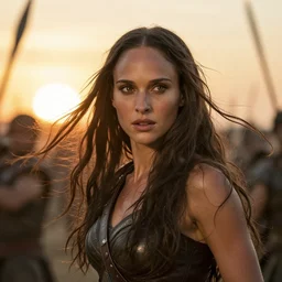 epic photo of natalie portman as beautiful amazon warrior queen with long straight black hair blowing in the wind in a battle scene, action shot, money shot, sweaty, detailed eyes, neutral expression, shallow depth of field, photorealistic, cinematic lighting, lovely bokeh, warm colours, sunset south, strong rim light, movie quality, willow 1 9 8 5, movie still