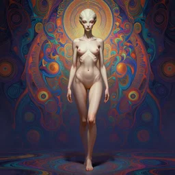 wide angle full body portrait of an alien female, with a perfect face and perfect body, thin waist,  intricate, single face, psychedelic background, highly detailed, digital painting, artstation, concept art, smooth, sharp focus, illustration, Unreal Engine 5, 8K, art by artgerm and greg rutkowski and alphonse mucha