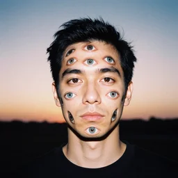 studio portrait of a man who has many pairs of eyes all over, eyes on chin, eyes on forehead, eyes eyes eyes. dusk, sunset, film photo, rollei 3 5 camera, tri - x film