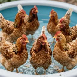 a group of chickens at the pool