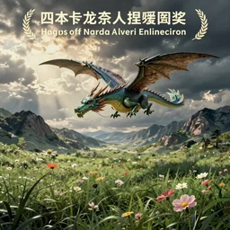 A dragon flying in a land full of grass and flowers with mountains in the back, in the style of Hokusai