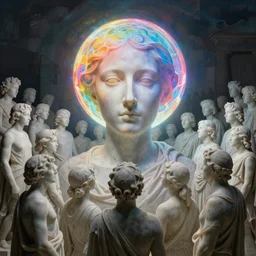 simplicity, apocalyptic marble sculptures of a crowd of people everywhere looking at a luminous colorful sphere, portrait face, apocalypse, ethereal, by miles johnston, by william godward, by moebius, by simon stalenhag, by gustave dore, by andrew jones, by pekka halonen, by beeple, volumetric lighting, masterpiece