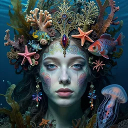 realistic detailed underwater face portrait of the beautiful young god of the fish of the fractal waters with an intricate headgear of corals, sea kelp, sea plants, fish, starfish, jellyfish, art by ernst haeckel, hieronymus bosch, gothic, neo - gothic, ornamental, beautiful deep colours,