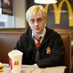 Draco Malfoy sitting at a booth in McDonalds, McDonalds interior background, photo