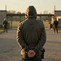 cinematic photo of Hooded innocent man, hands behind back, waiting before firing squad, award winning, golden hour