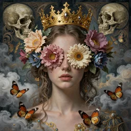 ornate, intricate, young, beautiful, woman, ethereal, flowers covering eyes, skulls, art by emil melmoth, gustave dore, craig mullins, yoji shinkawa, art germ, pete morbacher, hyper detailed, high detail, artstation, hyperrealistic, octane, unreal engine 5, cinematic, ghost, clouds, colors, butterflies, gold, crown,