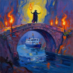 acrylic painting, impressionism and expressionism, bold colors, expressive brushstrokes. the ferryman under a stone bridge over the river styx in hades. fantasy art by tyler edlin, cgsociety, burning torches, cliffs