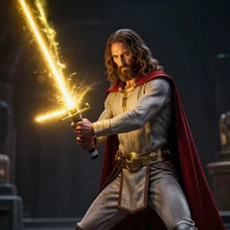 full shot photograph of super jesus christ fighting in star wars, using a cross - shaped gold lightsaber, photorealistic, cinematic lighting, extremely detailed, star wars
