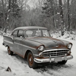 rusty ford bel air in winter forest, grey scale, oil painting