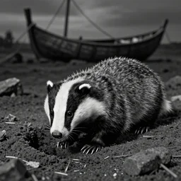 badger from wind in the willows, in 1940s suit digging at the sutton hoo ship burial, rendered as a black & white photo