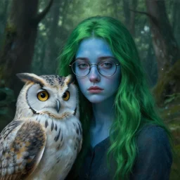 a close up portrait of a lonely, young, beautiful woman standing with a massive owl, fine facial features, symmetrical, sad, blue skin, green hair, glasses, in a forrest, inspired by edward hopper and grand budapest hotel, high resolution, octane render, high detailed masterpiece painting