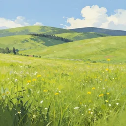 summer meadow, hills, landscape, style of Greg Rutkowski