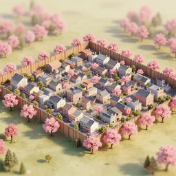 bird view of a small town surrounded by a wooden wall, pink leaf trees, artstation, day, sun