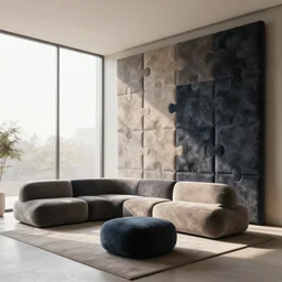 suede plush interlocking puzzle walls interior living room, ceiling to floor windows, soft color, plush puzzle furniture, modern, minimalism, morning light, dramatic, obsidian, unreal render, award winning photograph