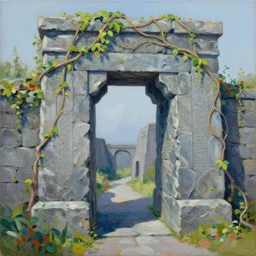 colorful peter mohrbacher and Mark Keathley impasto!! acrylic painting of the slate stone gateway of a forgotten civilization. vines and creepers, stone etchings