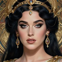 Katy Perry as a Greek Goddess, beautiful detailed eyes, cute, fantasy, intricate, elegant, highly detailed, digital painting, 4k, HDR, concept art, detailed jewelry, smooth, sharp focus, illustration, art by Artgerm, H R Giger and Alphonse Mucha