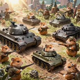 highly detailed world war 3 illustration featuring hamsters at war, stephen bliss, unreal engine, fantasy art by greg rutkowski, global illumination, radiant light, detailed and intricate environment, hamsters driving tanks, hamsters holding rifles, hamsters dressed in battle gear