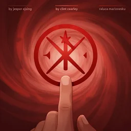 fantasy digital illustration of a red circular rune held between a finger and thumb against a red swirling background, trending on artstation, digital art ( by jesper ejsing ) ( by clint cearley ) ( by raluca marinescu )